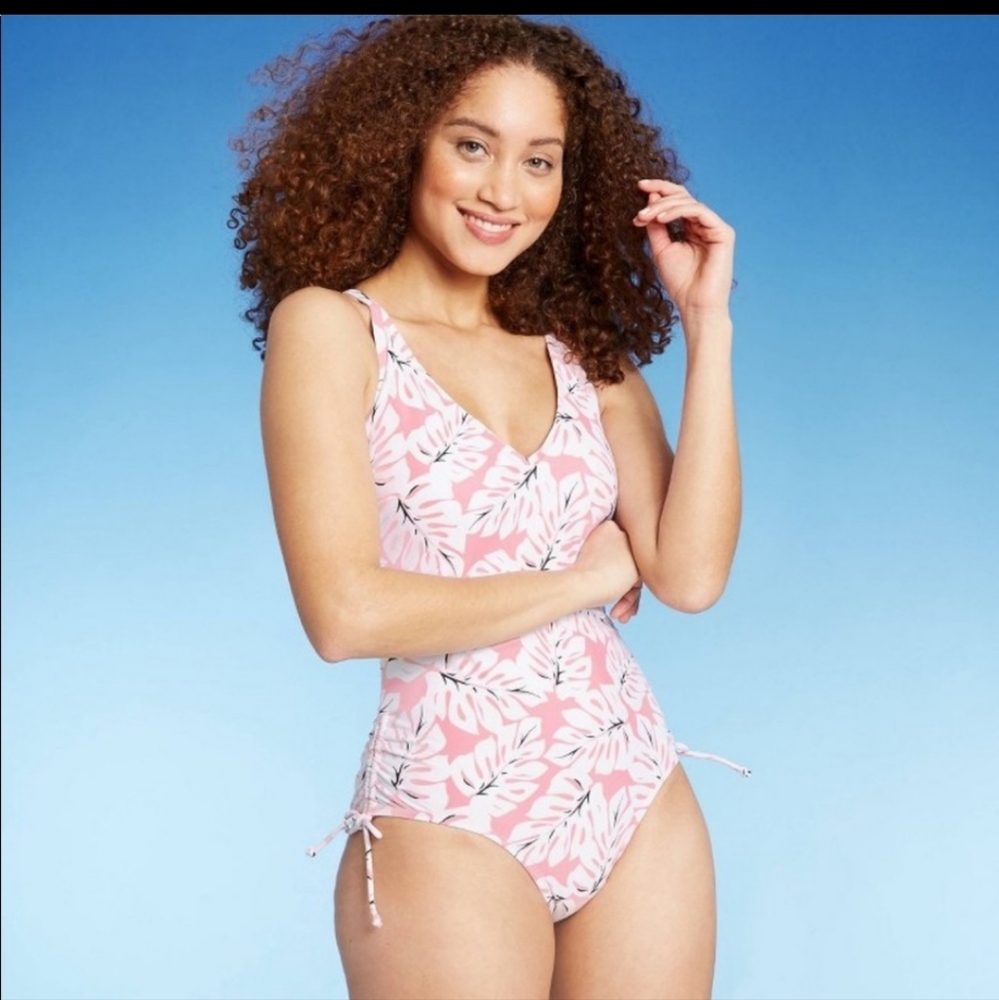 Kona Sol One Piece Swimsuit Leaf Print Cross Back Side Cinch Size L Pink & Black